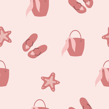 Pattern Of Beach Pink Elements. Summer Vacation Pattern.