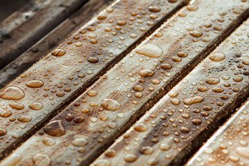 background of lacquered wood texture with water drops from the rain, wet wooden planks