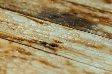 background of lacquered wood texture with water drops from the rain, wet wooden planks