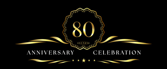 80 years anniversary celebration with gold decorative frame isolated on black background. 80 years Anniversary logo. Vector design for greeting card, birthday party, wedding, event party, ceremony.