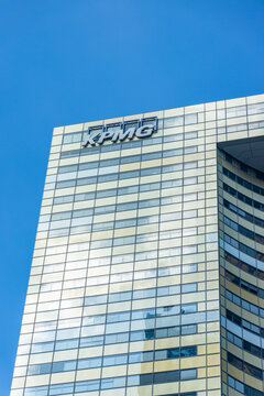 KPMG logo on the Tour Eqho tower in la Defense in Paris, France