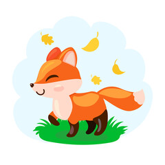 Adorable autumn bright fox, smiling and winking, sitting on a lawn, isolated on white background. Cute orange forest animal.