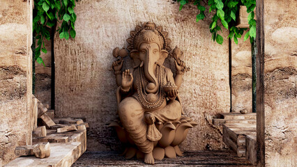 Ganesha god statue in ancient remains 3d illustration. - obrazy, fototapety, plakaty