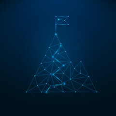 Mountain with flag connection futuristic lighting blue dots. Business achievement concept. Abstract mountains with glowing low polygonal elements. Successful goal symbol. Vector illustration.
