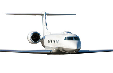 Luxury executive aircraft flies isolated on white background