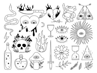 Vector set of 70s psychedelic tattoo drawings. Outline groovy graphic elements of snake, heart, skull, eye, mushrooms, potion. Cartoon hippy silhouettes. Vintage boho sketches