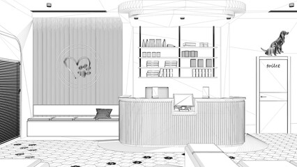 Blueprint project draft, vet clinic waiting room. Reception desk with shelves, sitting area with benches, pillows and carpet. Entrance door and terrazzo tiles. Interior design concept