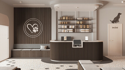 Vet clinic waiting room in dark wooden tones. Reception desk with shelves, sitting area with benches, pillows and carpet. Entrance door and terrazzo tiles. Interior design concept