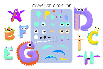 Monster creator and set of letters with the effect of fur. shaggy letter