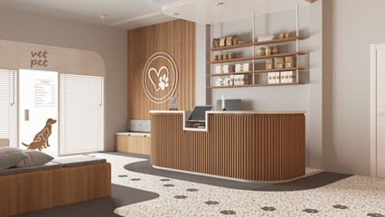 Veterinary clinic waiting room in white and wooden tones. Reception desk with carpet, sitting space with benches with pillows. Terrazzo tiles, shelves with pet food. Interior design
