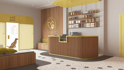 Veterinary clinic waiting room in yellow and wooden tones. Reception desk with carpet, sitting space with benches with pillows. Terrazzo tiles, shelves with pet food. Interior design