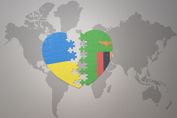 puzzle heart with the national flag of ukraine and zambia on a world map background. Concept.
