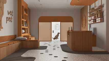 Veterinary clinic in orange and wooden tones. Waiting room with benches and pillows, reception...
