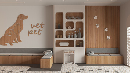 Veterinary hospital waiting room in white and wooden tones. Sitting room with benches and pillows, terrazzo tiles and carpet. Bookshelf with pet food and water cooler. Interior design