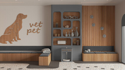 Veterinary hospital waiting room in gray and wooden tones. Sitting room with benches and pillows, terrazzo tiles and carpet. Bookshelf with pet food and water cooler. Interior design