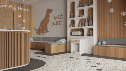 Veterinary clinic waiting room in white and wooden tones. Reception desk, sitting space with benches with pillows. Bookshelf and water cooler, shelves with pet food. Interior design