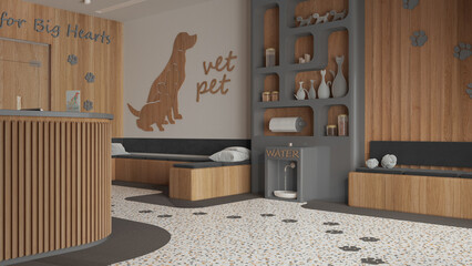 Veterinary clinic waiting room in gray and wooden tones. Reception desk, sitting space with benches with pillows. Bookshelf and water cooler, shelves with pet food. Interior design
