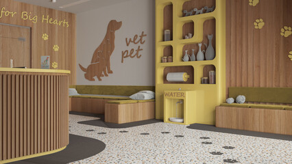 Veterinary clinic waiting room in yellow and wooden tones. Reception desk, sitting space with benches with pillows. Bookshelf and water cooler, shelves with pet food. Interior design