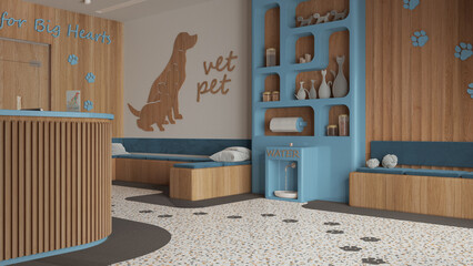 Veterinary clinic waiting room in blue and wooden tones. Reception desk, sitting space with benches with pillows. Bookshelf and water cooler, shelves with pet food. Interior design