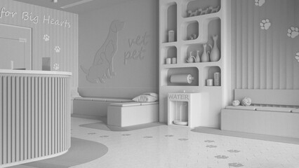 Total white project draft, veterinary clinic waiting room. Reception desk, sitting space with benches with pillows. Bookshelf and water cooler, shelves with pet food. Interior design