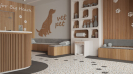 Blur background, veterinary clinic waiting room. Reception desk, sitting space with benches with pillows. Bookshelf and water cooler, shelves with pet food. Interior design concept