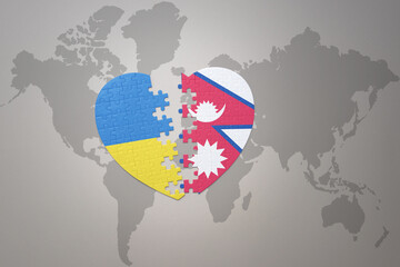 puzzle heart with the national flag of ukraine and nepal on a world map background. Concept.