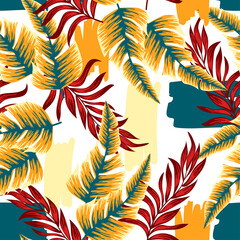 Fashionable seamless tropical pattern with bright plants and leaves on a light background. Seamless pattern with colorful leaves and plants. Beautiful print with hand drawn exotic plants.