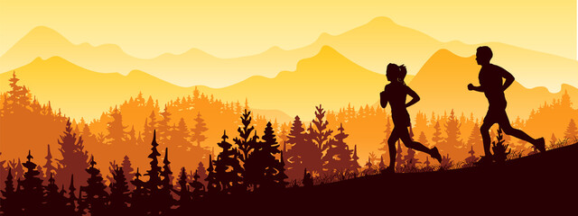 Naklejka na ściany i meble Silhouette of boy and girl jogging. Forest, meadow, mountains. Horizontal landscape banner. Orange and yellow illustration. 