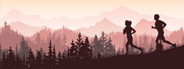 Fototapeta na wymiar Silhouette of boy and girl jogging. Forest, meadow, mountains. Horizontal landscape banner. Violet illustration. 
