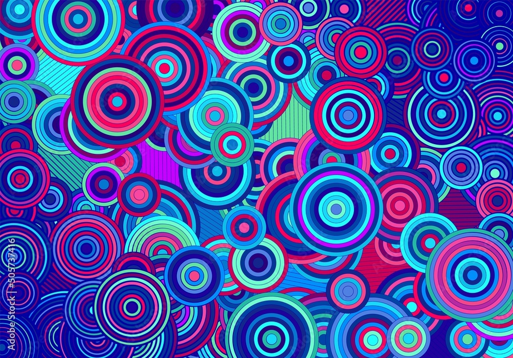 Poster Abstract psychedelic background with circles and lines of various widths in retro optical illusion style.