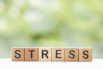 Stress- word is written on wooden cubes on a green summer background. Close-up of wooden elements.