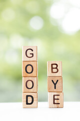GOOD BYE - word is written on wooden cubes on a green summer background. Close-up of wooden...