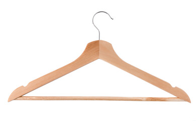 Hangers for clothes. Hanger isolated on white background. Wooden hangers. Store shop. Pastel wood color. Sale concept.