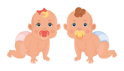 Cute baby girl and boy crawling, 6 months old, baby illustration.