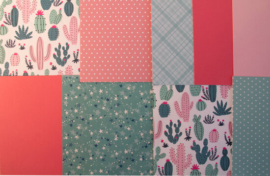 Cactus Scrapbook Paper Collage Photo in Coordinating Color Blend of Coral Pink and Green
