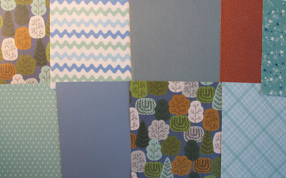 Scrapbook Paper Collage Photo with Trees in Coordinating Color Blend of Blue and Green and Brown