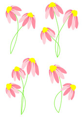 Pink flower on stem floral set cartoon isolated illustrations