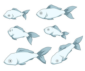 Fish different poses collection of cartoon isolated illustrations 