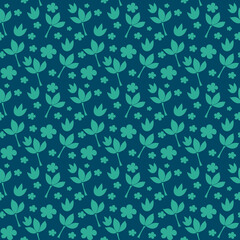 Simple vintage pattern. Turquoise background, cute blue plants, flowers. The print is well suited for textiles, banners, wallpapers and packaging. Seamless vector floral pattern