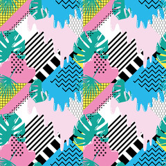 Seamless geometric abstract pattern with stripes and palm leaves