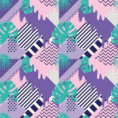 Seamless geometric abstract pattern with stripes and palm leaves