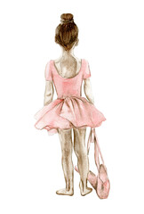 Watercolor ballerina girl in classic pink dress. Pretty ballerina. Watercolor hand draw illustration. Can be used for greetings cards or posters.With white isolated background. Illustration hand drawn © Leila