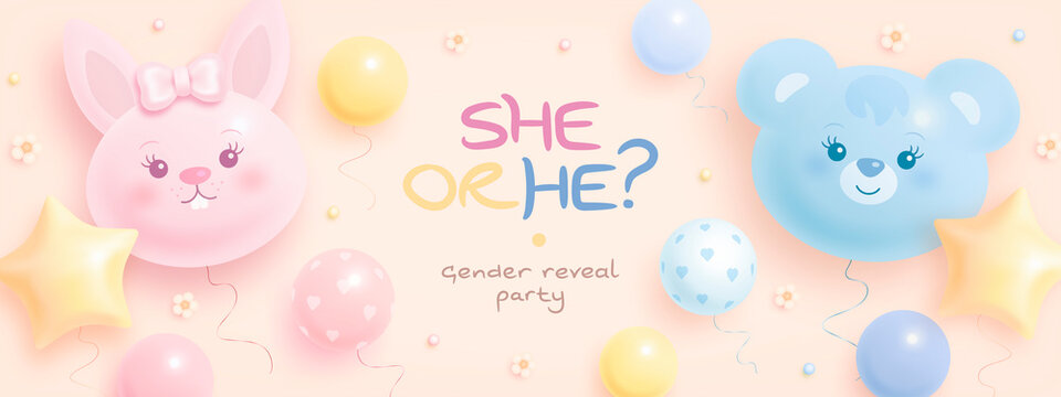 He or she. Cartoon gender reveal invitation template. Horizontal banner with helium balloons and flowers. Vector illustration