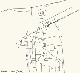 Detailed navigation black lines urban street roads map of the DIEMITZ DISTRICT of the German regional capital city of Halle (Saale), Germany on vintage beige background