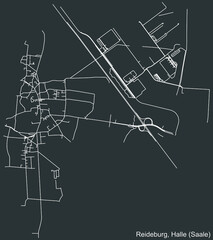 Detailed negative navigation white lines urban street roads map of the REIDEBURG DISTRICT of the German regional capital city of Halle (Saale, Germany on dark gray background