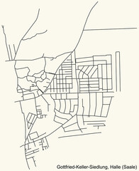 Detailed navigation black lines urban street roads map of the GOTTFRIED-KELLER-SIEDLUNG DISTRICT of the German regional capital city of Halle (Saale), Germany on vintage beige background