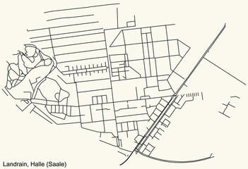 Detailed navigation black lines urban street roads map of the LANDRAIN DISTRICT of the German regional capital city of Halle (Saale), Germany on vintage beige background