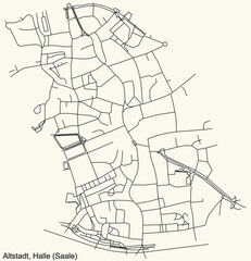 Detailed navigation black lines urban street roads map of the ALTSTADT DISTRICT of the German regional capital city of Halle (Saale), Germany on vintage beige background