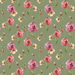 Fototapeta na wymiar Seamless pattern with watercolor flowers violets on a green background, hand painted.
