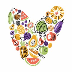 Vector collection of vegetables and fruits. Scandinavian style of hand-drawn food products. - obrazy, fototapety, plakaty